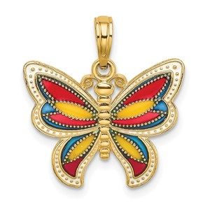 14k Yellow Gold w Multi-Color Enameled Beaded Wings Butterfly Charm Pendant